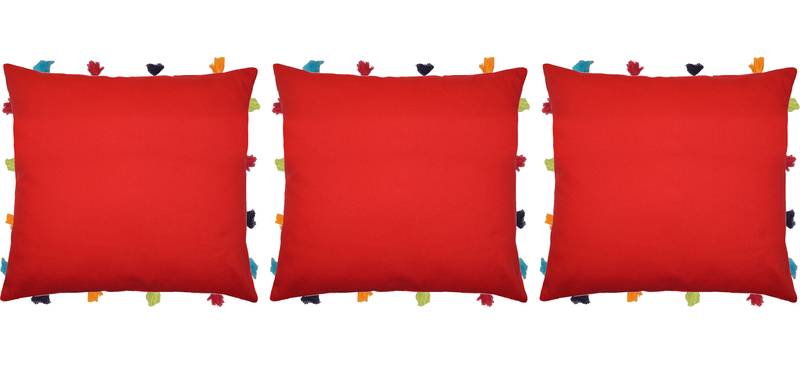 Lushomes Red Sofa Cushion Cover Online with Colorful Tassels (Pack of 3 Pcs, 14 x 14 inches)