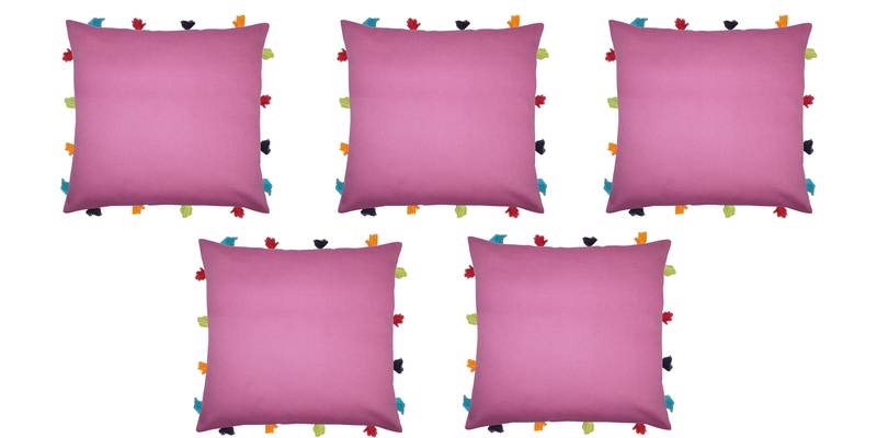 Lushomes Blue Sofa Cushion Cover Online with Colorful Tassels (Pack of 5 Pcs, 14 x 14 inches)