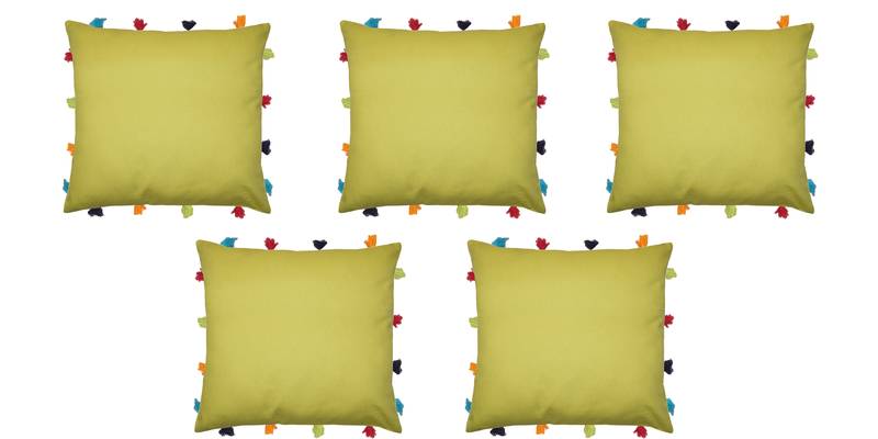 Lushomes Green Sofa Cushion Cover Online with Colorful Tassels (Pack of 5 Pcs, 14 x 14 inches)