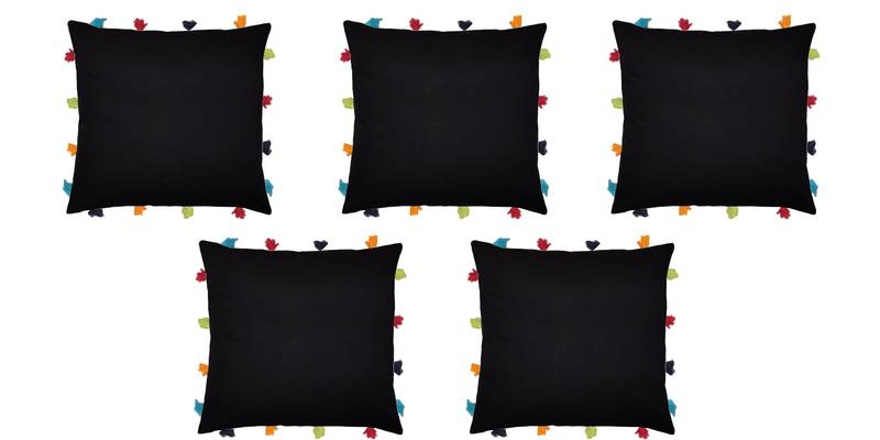 Lushomes Pirate Black Sofa Cushion Cover Online with Colorful Tassels (Pack of 5 Pcs, 14 x 14 inches)
