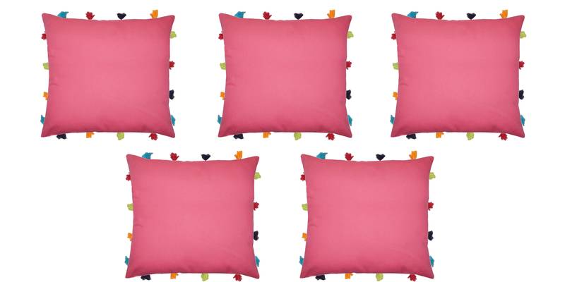 Lushomes Pink Sofa Cushion Cover Online with Colorful Tassels (Pack of 5 Pcs, 14 x 14 inches)