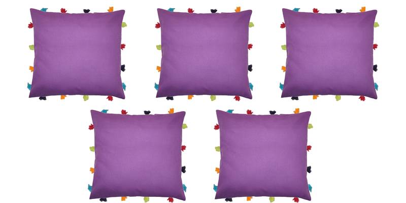 Lushomes Purple Sofa Cushion Cover Online with Colorful Tassels (Pack of 5 Pcs, 14 x 14 inches)