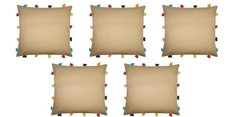 Lushomes YellowSofa Cushion Cover Online with Colorful Tassels (Pack of 5 Pcs, 14 x 14 inches)