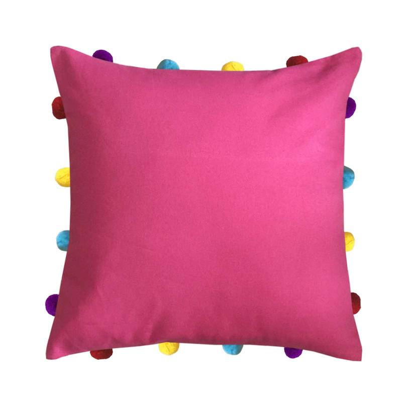 Lushomes Pink Sofa Cushion Cover Online with Colorful Pom Pom (Pack of 1 pc, 14 x 14 inches)
