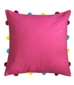 Lushomes Pink Sofa Cushion Cover Online with Colorful Pom Pom (Pack of 1 pc, 14 x 14 inches)
