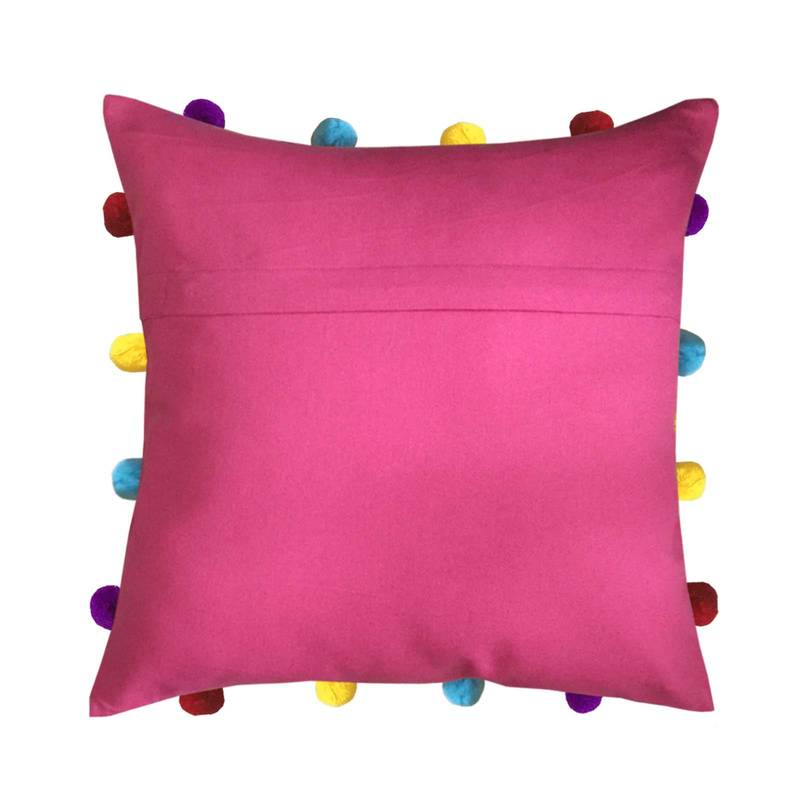 Lushomes Pink Sofa Cushion Cover Online with Colorful Pom Pom (Pack of 1 pc, 14 x 14 inches)