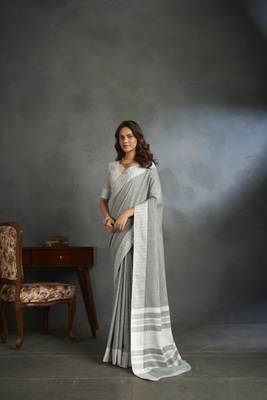 Light grey woven linen saree with blouse 1