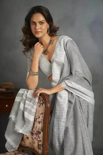 Light grey woven linen saree with blouse