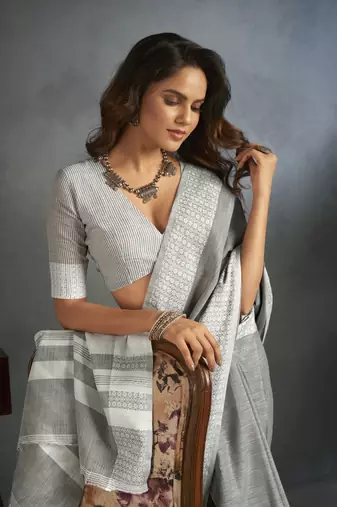Light grey woven linen saree with blouse