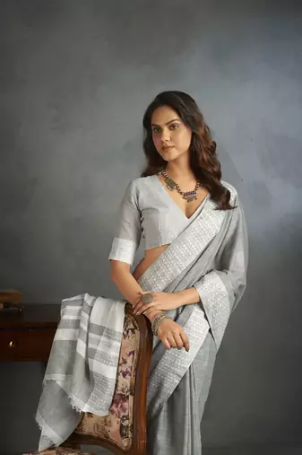 Light grey woven linen saree with blouse