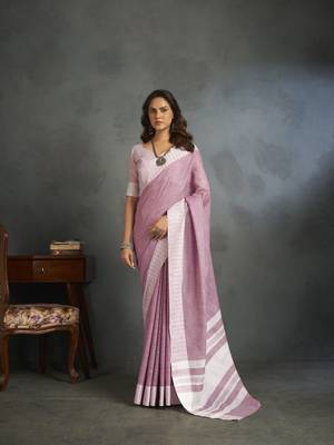 Light pink woven linen saree with blouse 1
