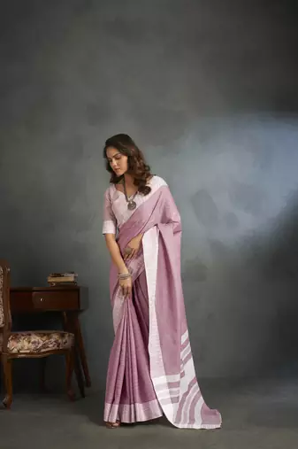 Light pink woven linen saree with blouse