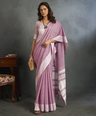 Light pink woven linen saree with blouse 4