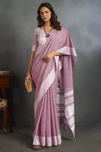 Light pink woven linen saree with blouse