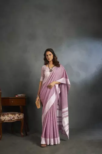 Light pink woven linen saree with blouse