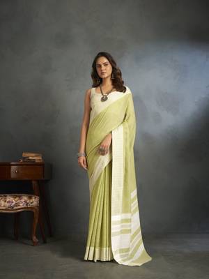 Light yellow woven linen saree with blouse 1