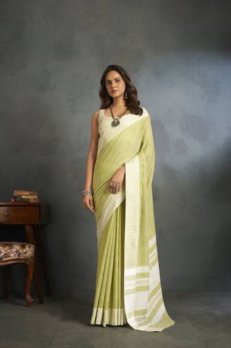 Light yellow woven linen saree with blouse