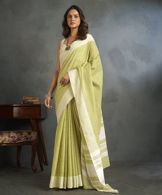 Light yellow woven linen saree with blouse 3