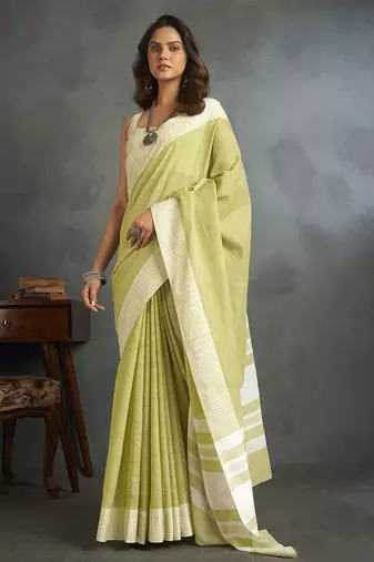 Light yellow woven linen saree with blouse