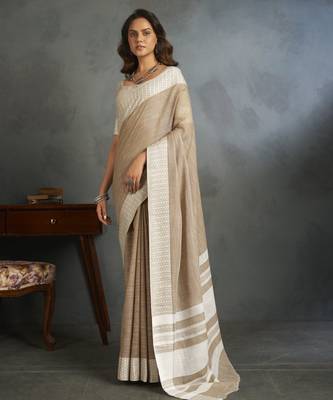 Light brown woven linen saree with blouse 1
