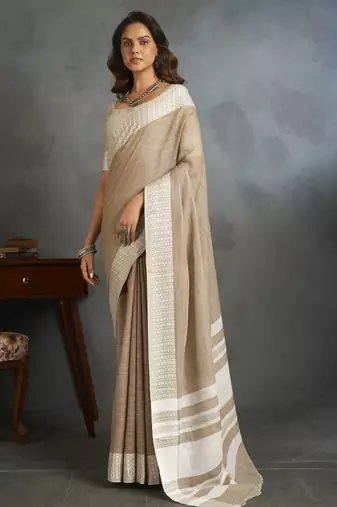 Light brown woven linen saree with blouse