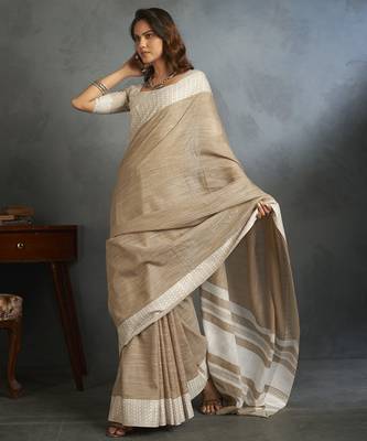Light brown woven linen saree with blouse 3