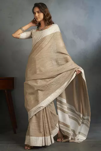 Light brown woven linen saree with blouse