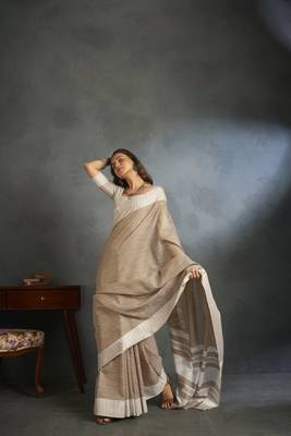 Light brown woven linen saree with blouse 4