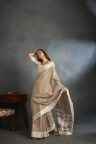 Light brown woven linen saree with blouse