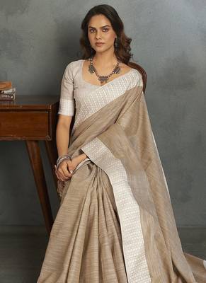 Light brown woven linen saree with blouse 5