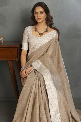 Light brown woven linen saree with blouse