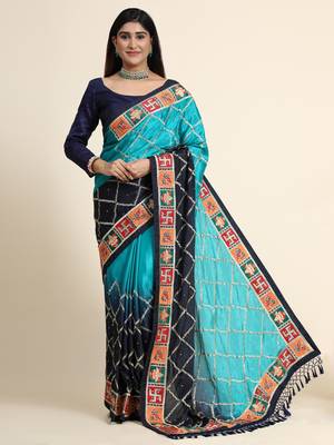 Blue embroidered silk blend saree with blouse 1