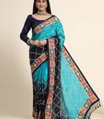 Blue embroidered silk blend saree with blouse