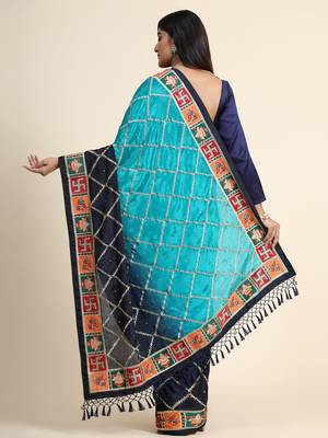 Blue embroidered silk blend saree with blouse 2