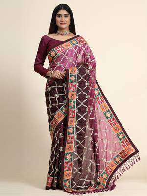 Purple embroidered silk blend saree with blouse 1