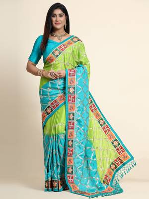 Green embroidered silk blend saree with blouse 1