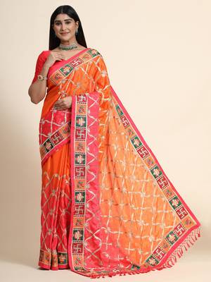 Pink embroidered silk blend saree with blouse 1