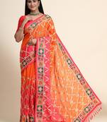 Pink embroidered silk blend saree with blouse