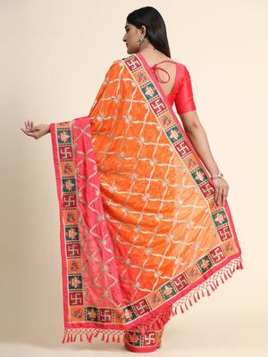 Pink embroidered silk blend saree with blouse 2