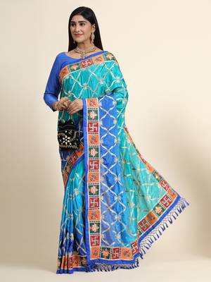 Blue embroidered silk blend saree with blouse 1