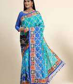 Blue embroidered silk blend saree with blouse