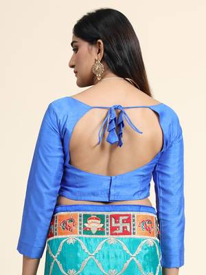 Blue embroidered silk blend saree with blouse 5