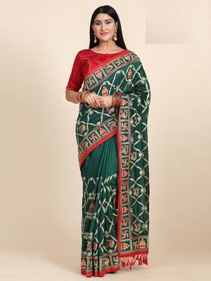 Green embroidered silk blend saree with blouse 1