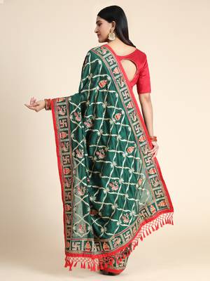 Green embroidered silk blend saree with blouse 2