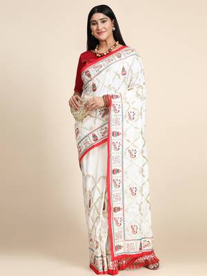White embroidered silk blend saree with blouse 1