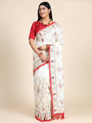 White embroidered silk blend saree with blouse 2