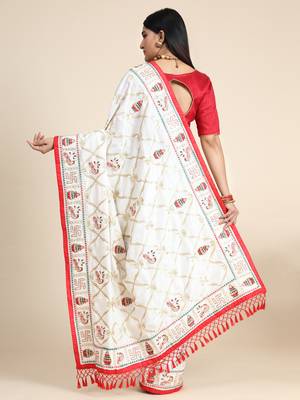 White embroidered silk blend saree with blouse 3