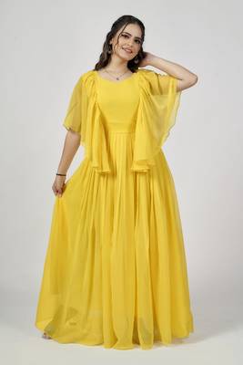 Women Embroidered Georgette Anarkali Gown  (Yellow) 1
