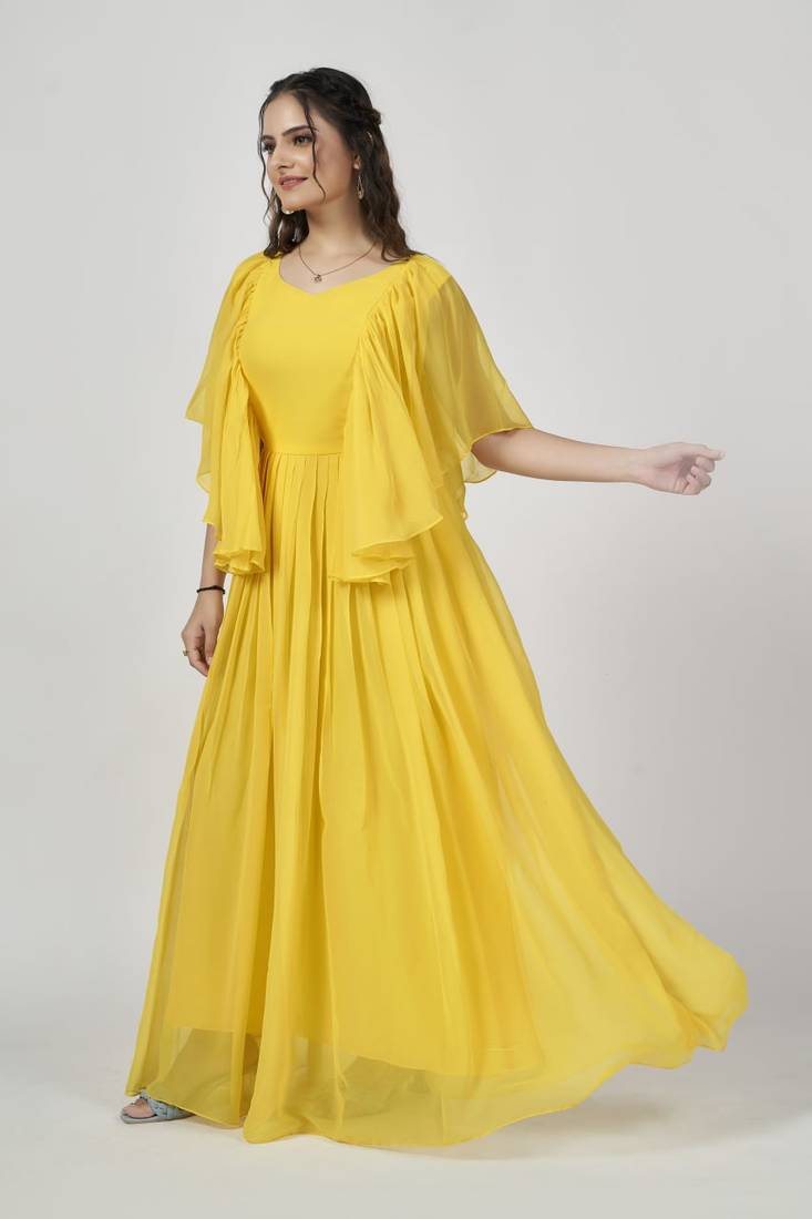 Women Embroidered Georgette Anarkali Gown  (Yellow)