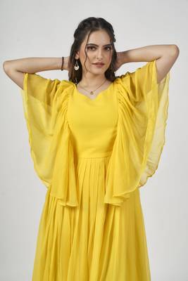 Women Embroidered Georgette Anarkali Gown  (Yellow) 3
